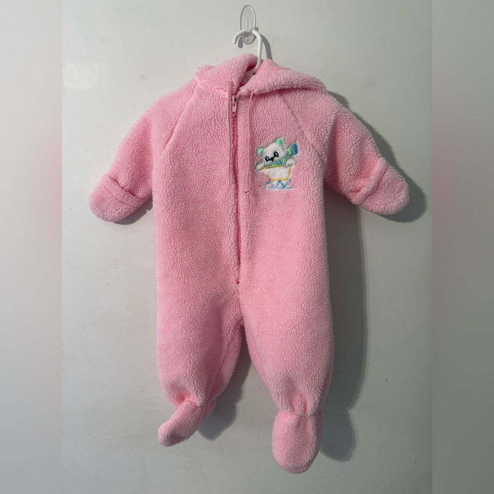 Vintage Weather tamer Pink Fleece baby bunting snowsuit One Piece 9 months